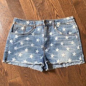 High Rise Star Print Denim Shorts